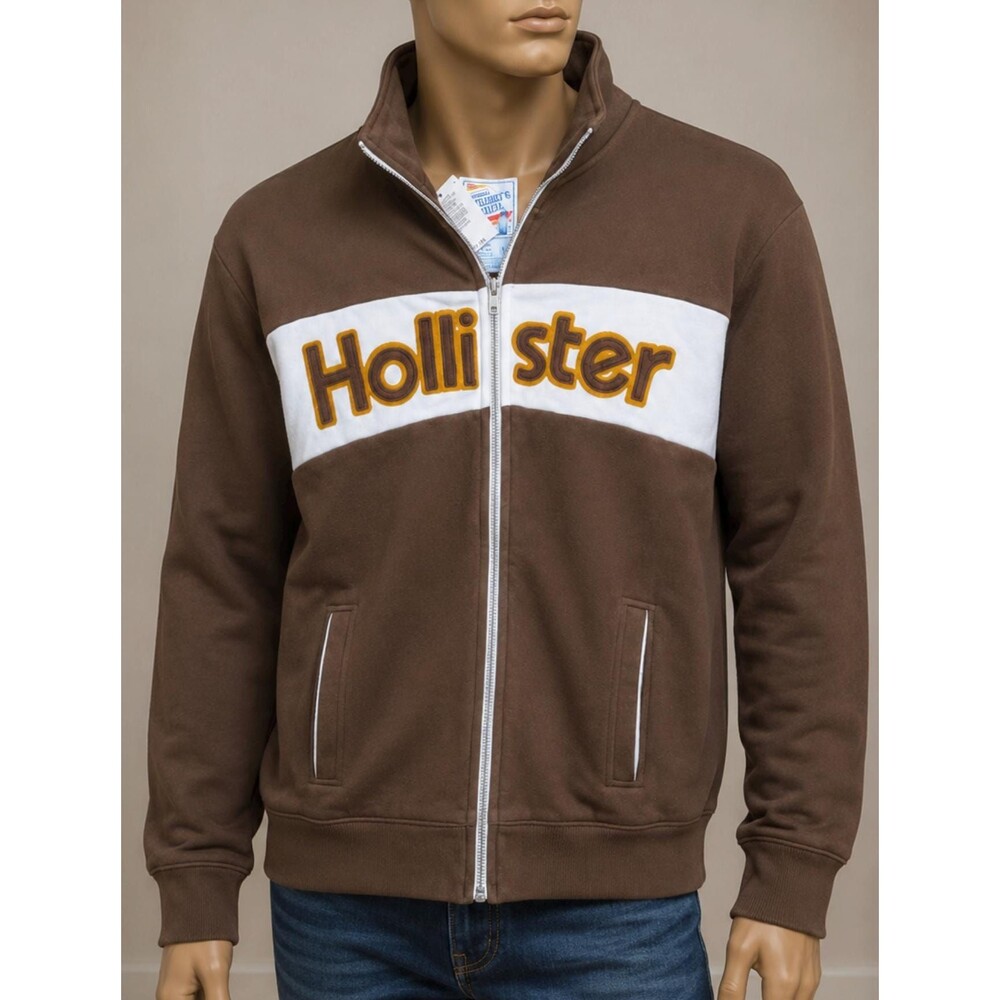 Hollister jacket Men’s XL Brown Full Zip Track NWT Y2K Fleece Logo